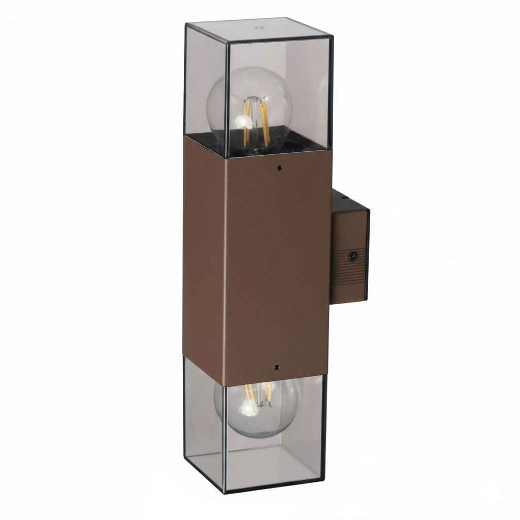Applique da Esterno Up & Down IP44 – Lampada da Parete Biemissione Marrone con Attacco E27, Diffusore in Acrilico Trasparente, Lampadine non incluse