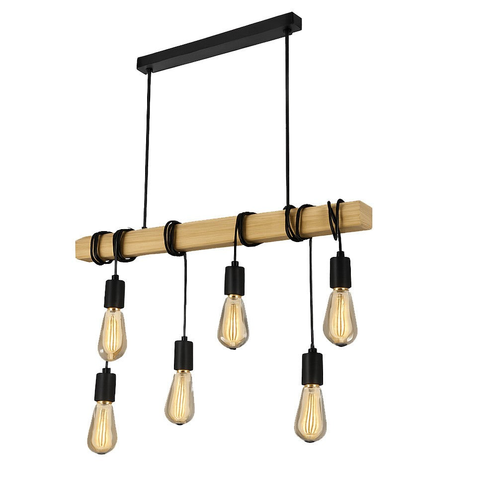 Lampadario a sospensione industriale 6 portalampade E27, barra in legno e metallo nero, design vintage regolabile per cucina, sala da pranzo e soggiorno