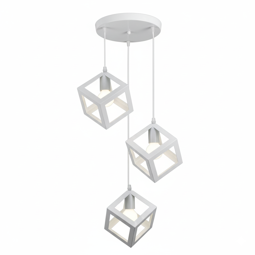 Lampadario a Sospensione Moderno 3 Luci – Struttura Geometrica a Cubo in Metallo Nero o Bianco – Portalampada E27 – Illuminazione Design per Cucina, Sala da Pranzo, Soggiorno