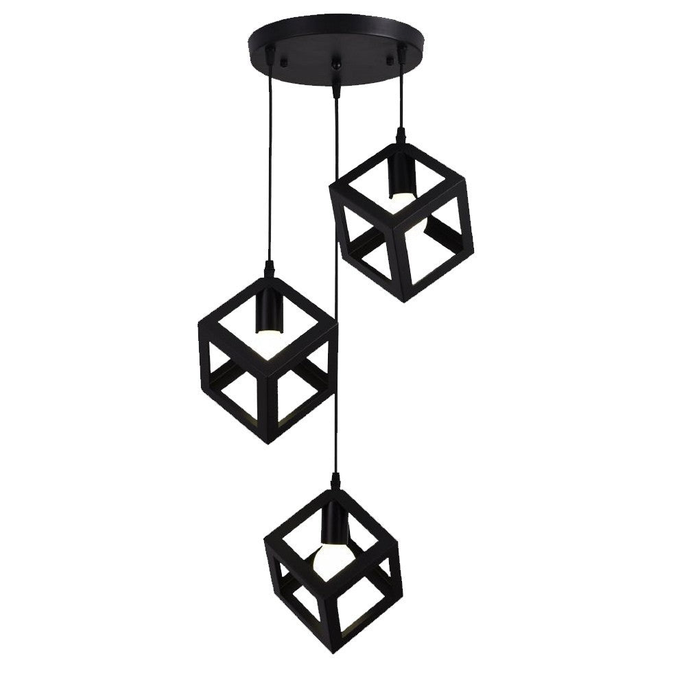 Lampadario a Sospensione Moderno 3 Luci – Struttura Geometrica a Cubo in Metallo Nero o Bianco – Portalampada E27 – Illuminazione Design per Cucina, Sala da Pranzo, Soggiorno
