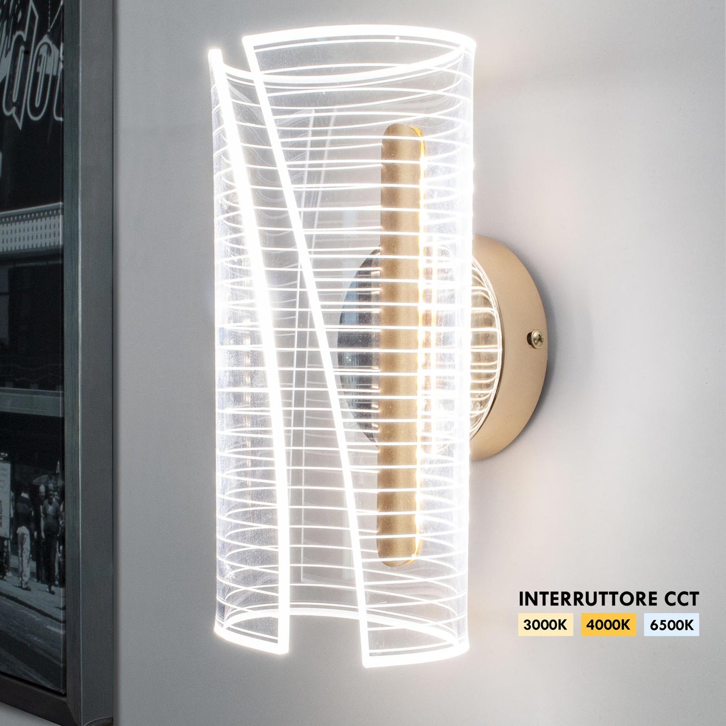 Applique LED da Parete Interno 6W CCT 3000K-4000K-6500K in Metallo Dorato con Diffusore Acrilico – Design Moderno Decorativo per Salotto, Camera, Corridoio