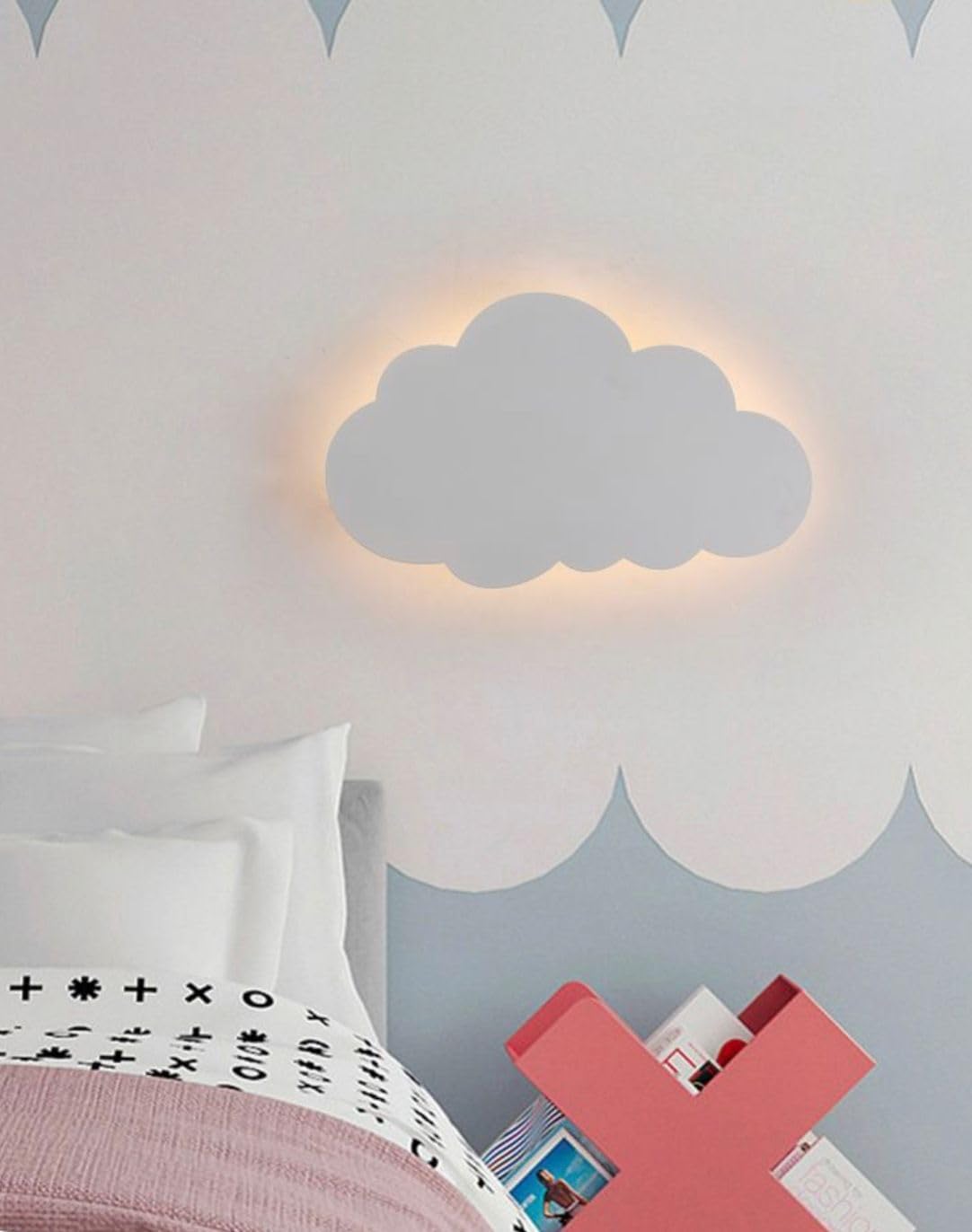 Applique LED a Forma di Nuvola per Cameretta Bambini, 9W 630 Lumen, Luce Selezionabile 3000K/4000K/6500K, Design Bianco in Metallo e Acrilico, IP20 – 298x180mm