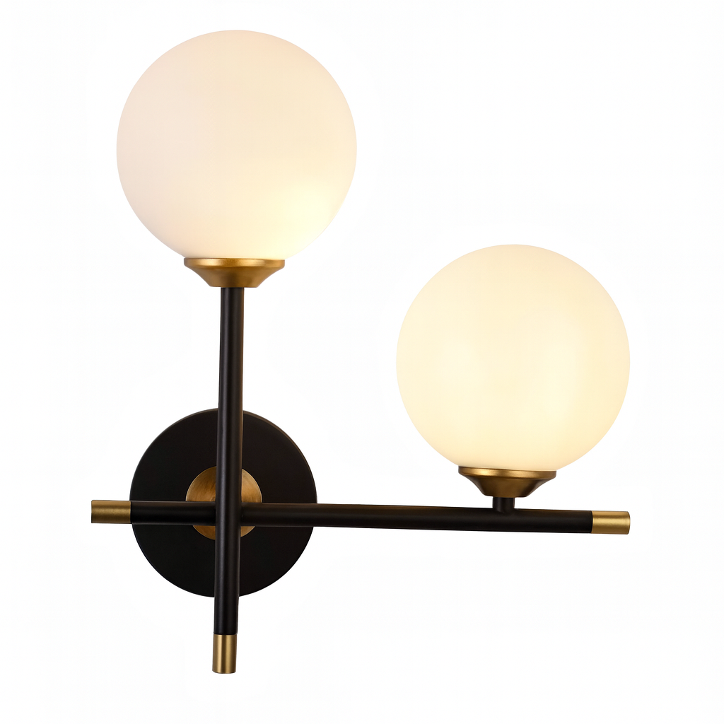 Applique da Interno con Sfere Bianche Opache – Attacco G9 – Struttura Nero e Oro– Design Moderno 31x27 cm Senza lampadine