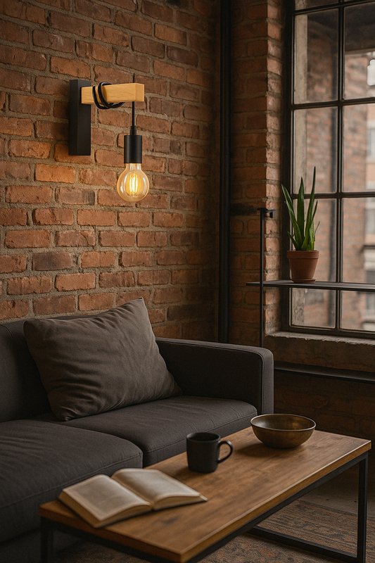 Applique Lampada da Parete Nera in Metallo, Design Industriale con Dettagli in Legno, Ideale per Interni, Attacco E27