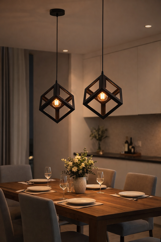Lampadario Cubo Geometrico a Sospensione Nero Attacco E27 Lampada Industrial Moderna Metallo per Cucina Tavolo Soggiorno Ristorante
