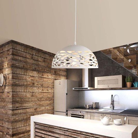 Lampadario a sospensione E27 in metallo bianco, paralume traforato Ø36 cm, design moderno, IP20 – Altezza regolabile fino a 137 cm