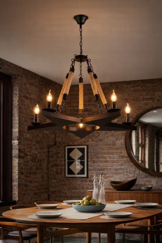 Lampadario Industriale a Sospensione Stella 5 Luci E14 in Metallo Nero con Corde in Canapa Stile Vintage Rustico per Soggiorno Sala da Pranzo Loft
