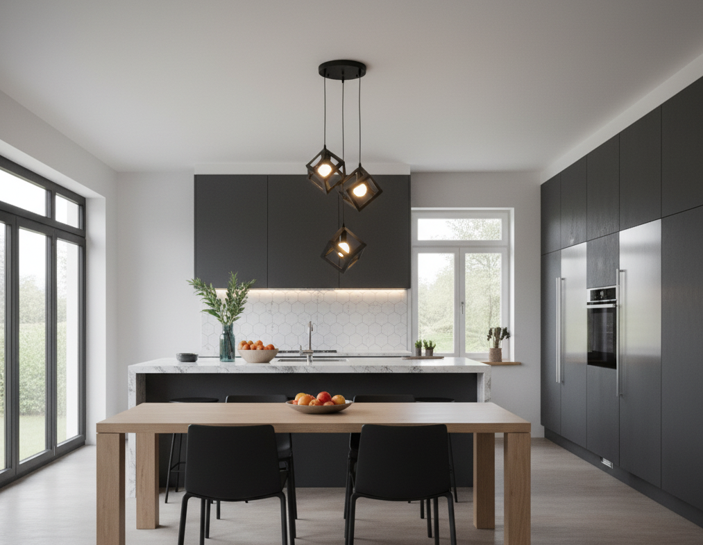 Lampadario a Sospensione Moderno 3 Luci – Struttura Geometrica a Cubo in Metallo Nero o Bianco – Portalampada E27 – Illuminazione Design per Cucina, Sala da Pranzo, Soggiorno