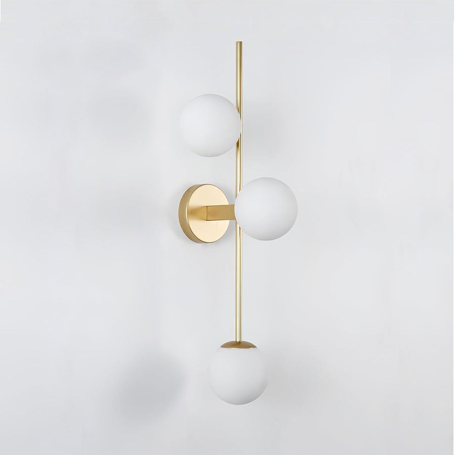 Applique da Parete Moderna, attacco G9, Struttura in Metallo Dorato e 3 Sfere in Vetro Bianco, Design Elegante Minimal per Interni, IP20