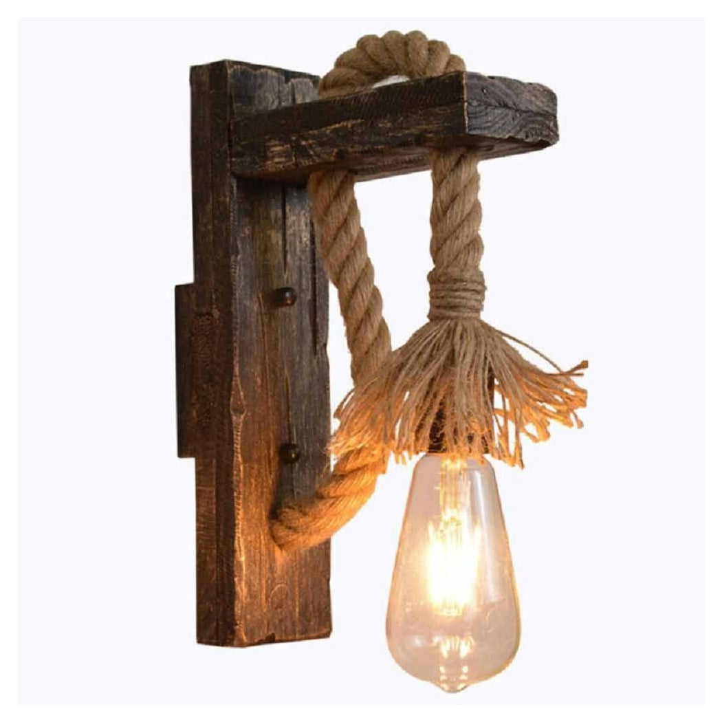 Applique da Parete in Legno e Corda di Canapa E27 – Stile Rustico Vintage Country per Interni – Lampada Decorativa da Muro per Soggiorno, Cucina, Bar e Ristoranti – 180x320 mm