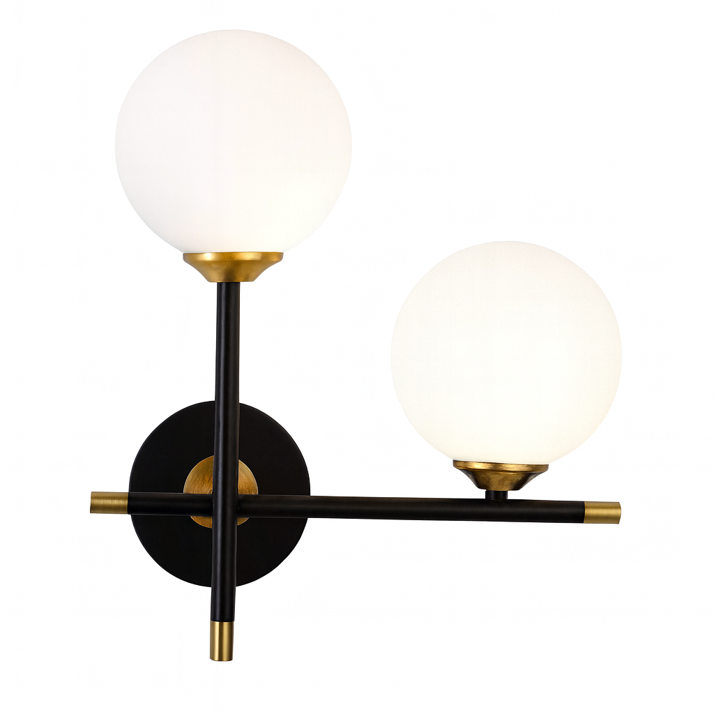 Applique da Interno con Sfere Bianche Opache – Attacco G9 – Struttura Nero e Oro– Design Moderno 31x27 cm Senza lampadine