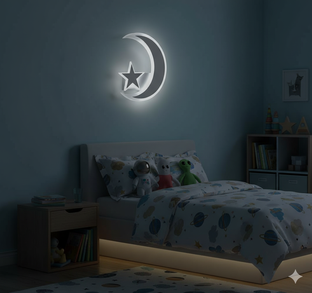 Applique LED da Parete 11W Design Luna e Stella Bianco – CCT Switch 3000K 4000K 6500K – 550 Lumen – Alluminio e Acrilico – Moderno per Cameretta, Soggiorno o Corridoio