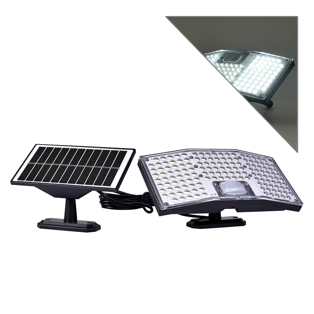 Faretto Solare LED Esterno 146 LED con Sensore Crepuscolare e Movimento, Luce Fredda 6500K, IP65, 460 Lumen, con Telecomando, con Pannello Separato, Cavo 5m