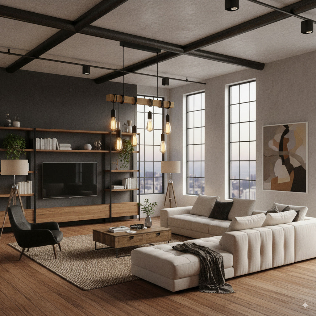 Lampadario a sospensione industriale 6 portalampade E27, barra in legno e metallo nero, design vintage regolabile per cucina, sala da pranzo e soggiorno