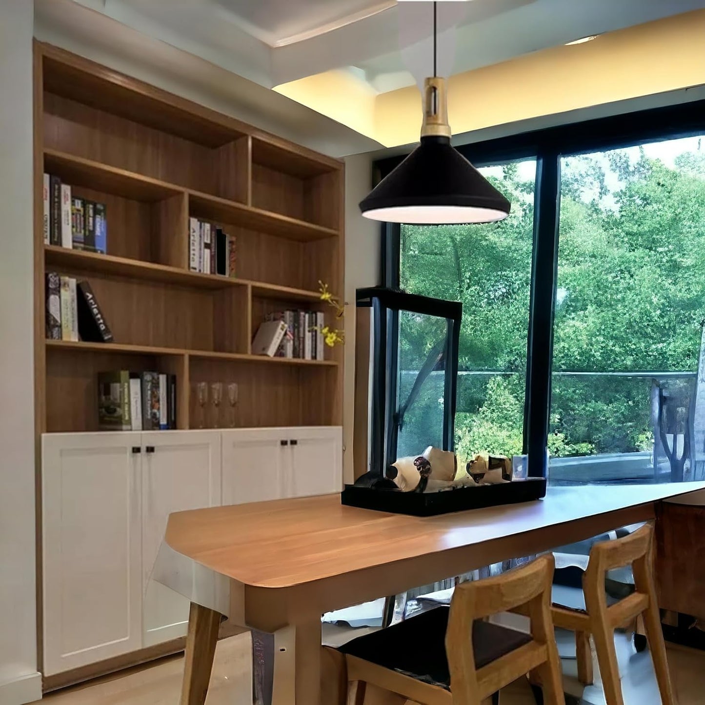 Lampadario a sospensione nero e oro in metallo con attacco E27, diametro 35 cm, altezza totale 130 cm, stile moderno, IP20