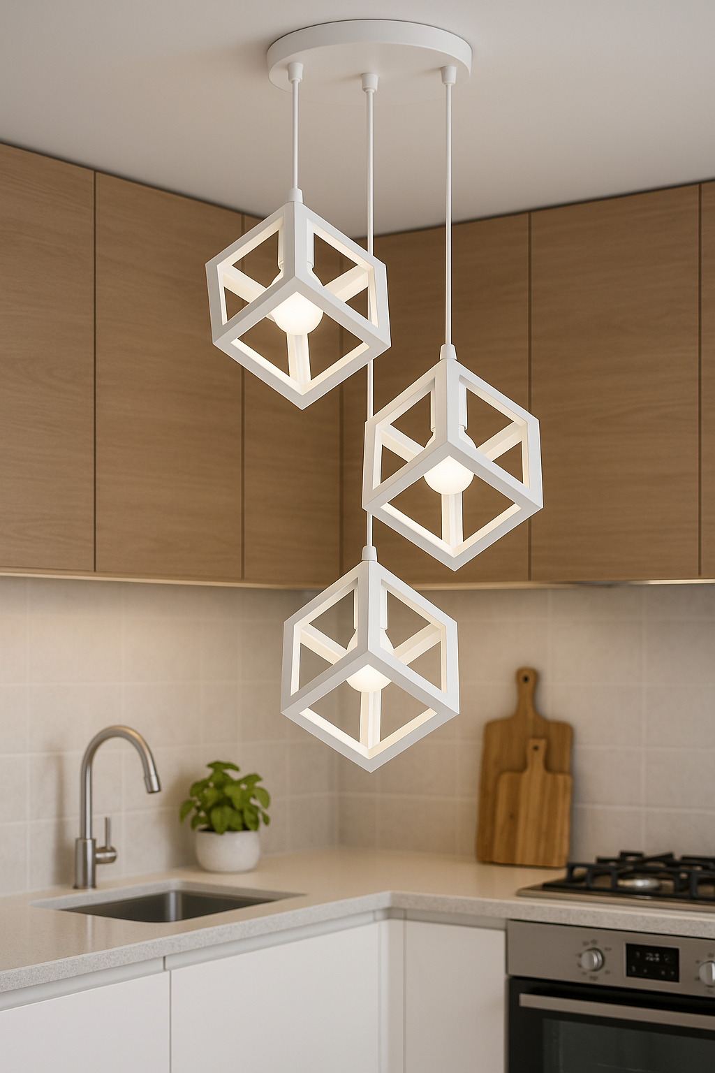 Lampadario a Sospensione Moderno 3 Luci – Struttura Geometrica a Cubo in Metallo Nero o Bianco – Portalampada E27 – Illuminazione Design per Cucina, Sala da Pranzo, Soggiorno