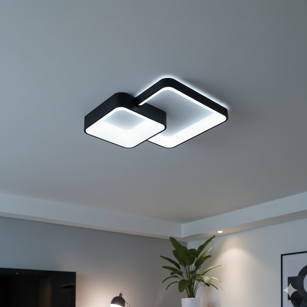 Plafoniera LED da Soffitto 58W 4640 Lumen – Design Moderno a Doppio Quadrato Nero – Luce Calda Naturale Fredda Selezionabile – Lampada LED Interni