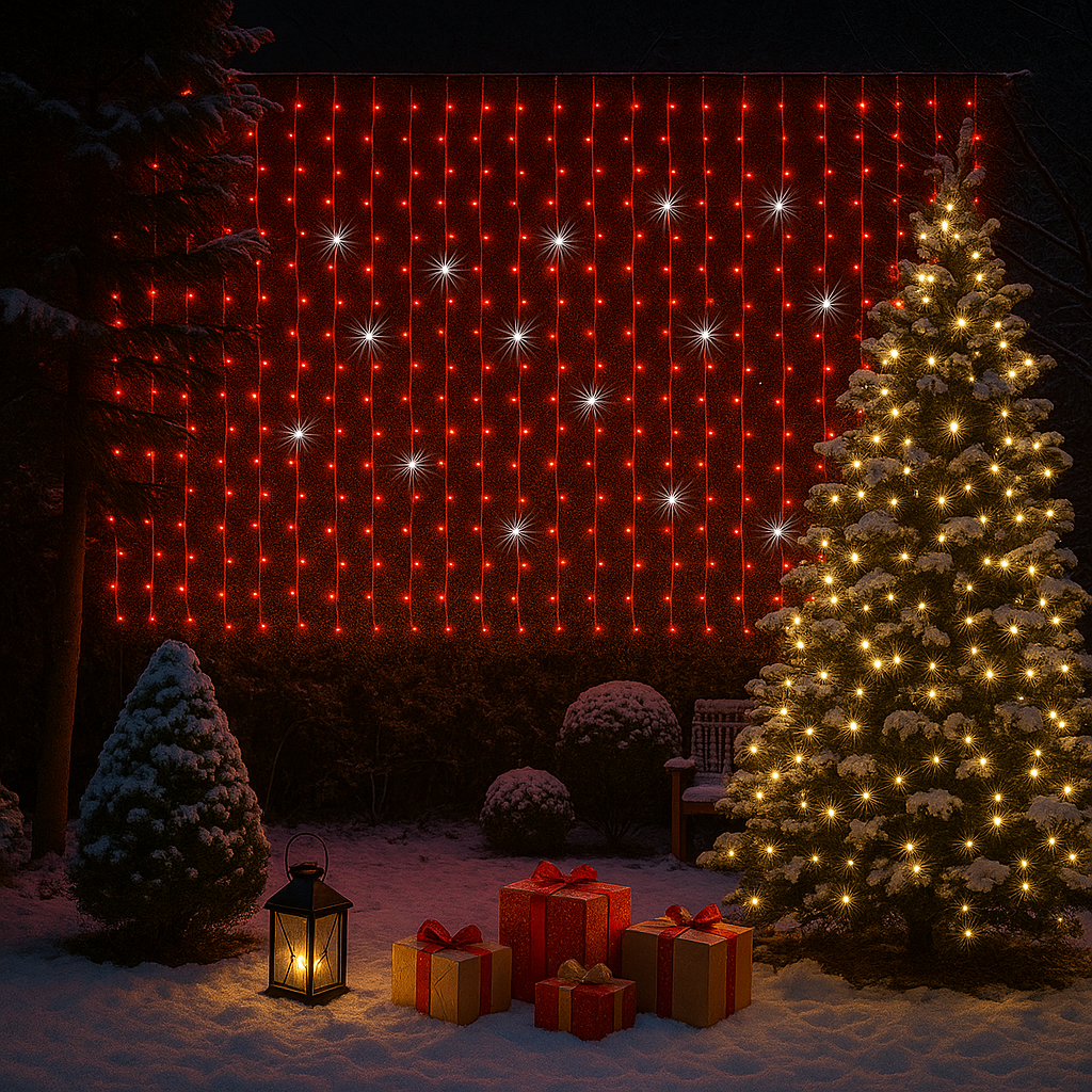 Tenda Luminosa Natalizia 12 metri Stalattiti a LED 480 Luci rosse + led intermittenti Bianco Freddo per Interno ed Esterno IP44