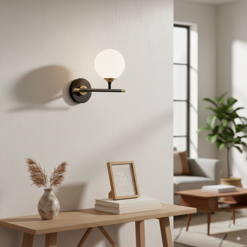 Applique da Interno con Sfera Bianca Opalina – Attacco G9 – Struttura Nero e Oro– Design Moderno 24x20 cm Senza lampadina