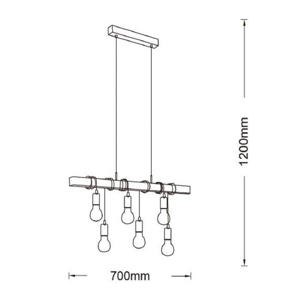 Lampadario a sospensione industriale 6 portalampade E27, barra in legno e metallo nero, design vintage regolabile per cucina, sala da pranzo e soggiorno