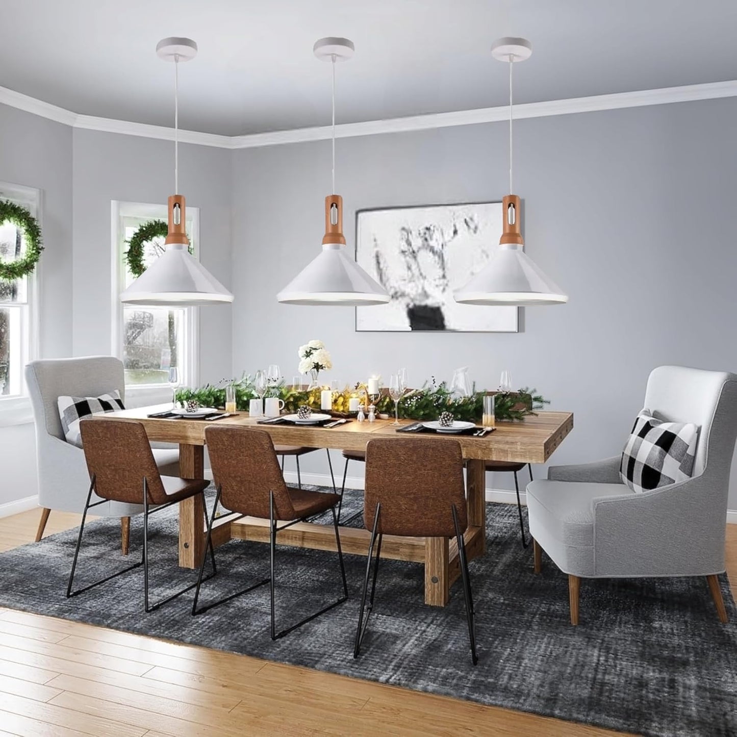 Lampadario a sospensione bianco in metallo con attacco E27, diametro 35 cm, altezza totale 130 cm, stile moderno, IP20