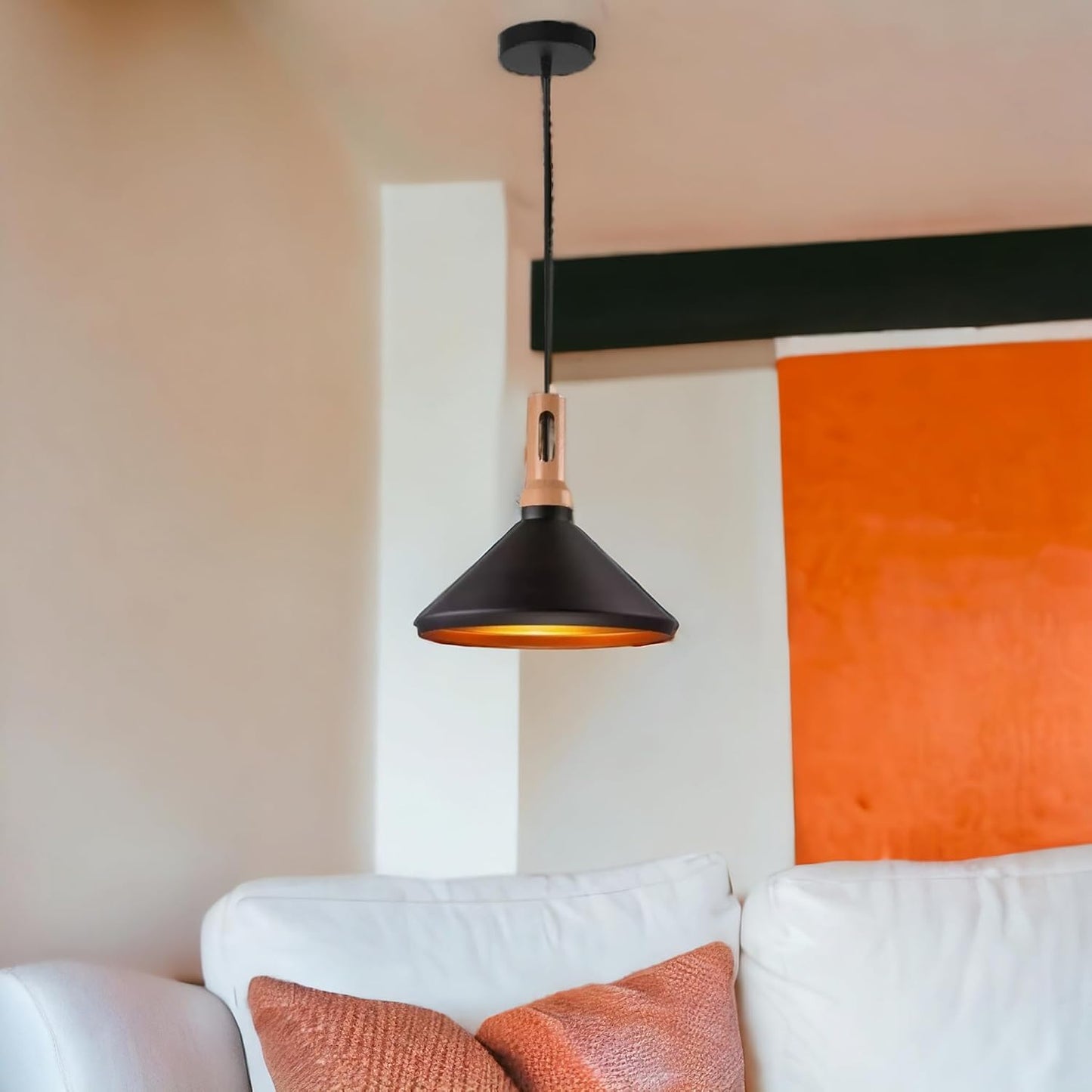 Lampadario a sospensione nero e oro in metallo con attacco E27, diametro 35 cm, altezza totale 130 cm, stile moderno, IP20