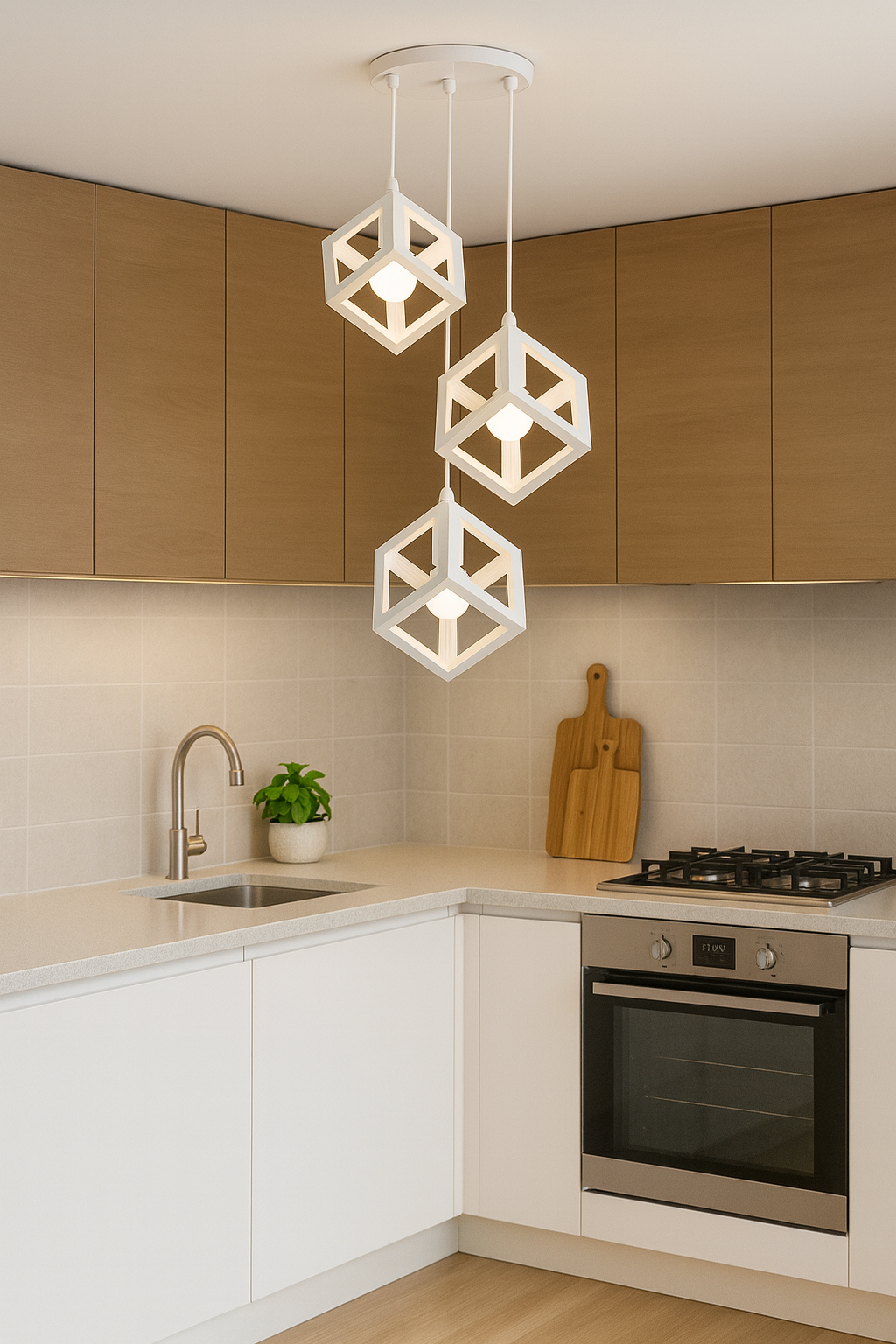 Lampadario a Sospensione Moderno 3 Luci – Struttura Geometrica a Cubo in Metallo Nero o Bianco – Portalampada E27 – Illuminazione Design per Cucina, Sala da Pranzo, Soggiorno