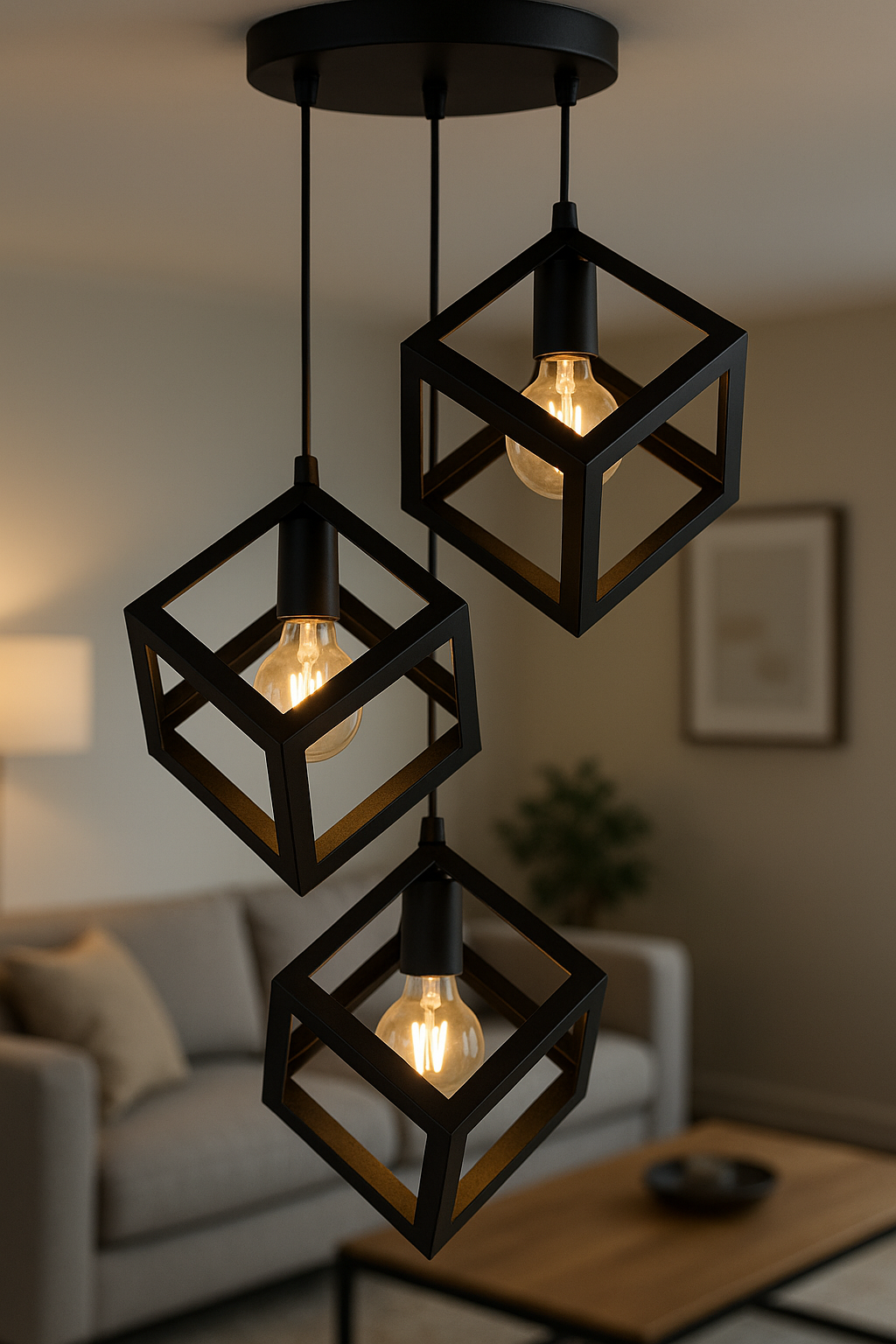 Lampadario a Sospensione Moderno 3 Luci – Struttura Geometrica a Cubo in Metallo Nero o Bianco – Portalampada E27 – Illuminazione Design per Cucina, Sala da Pranzo, Soggiorno