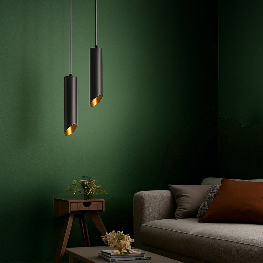 Lampadario a sospensione cilindrico in alluminio nero con interno oro, attacco GU10, cavo regolabile fino a 200 cm, Ø 5,5 cm, altezza corpo 30 cm – Design moderno minimalista