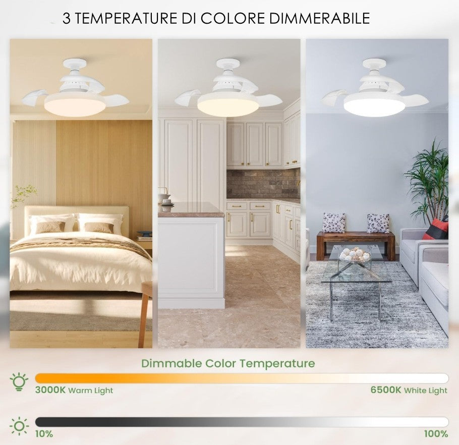 Plafoniera con Ventilatore da Soffitto LED 22W Dimmerabile con Telecomando, 3 Temperature Colore e Attacco E27 – Silenziosa, 3 Velocità, Timer, 1155 Lumen, Ø20cm – Uso Interno