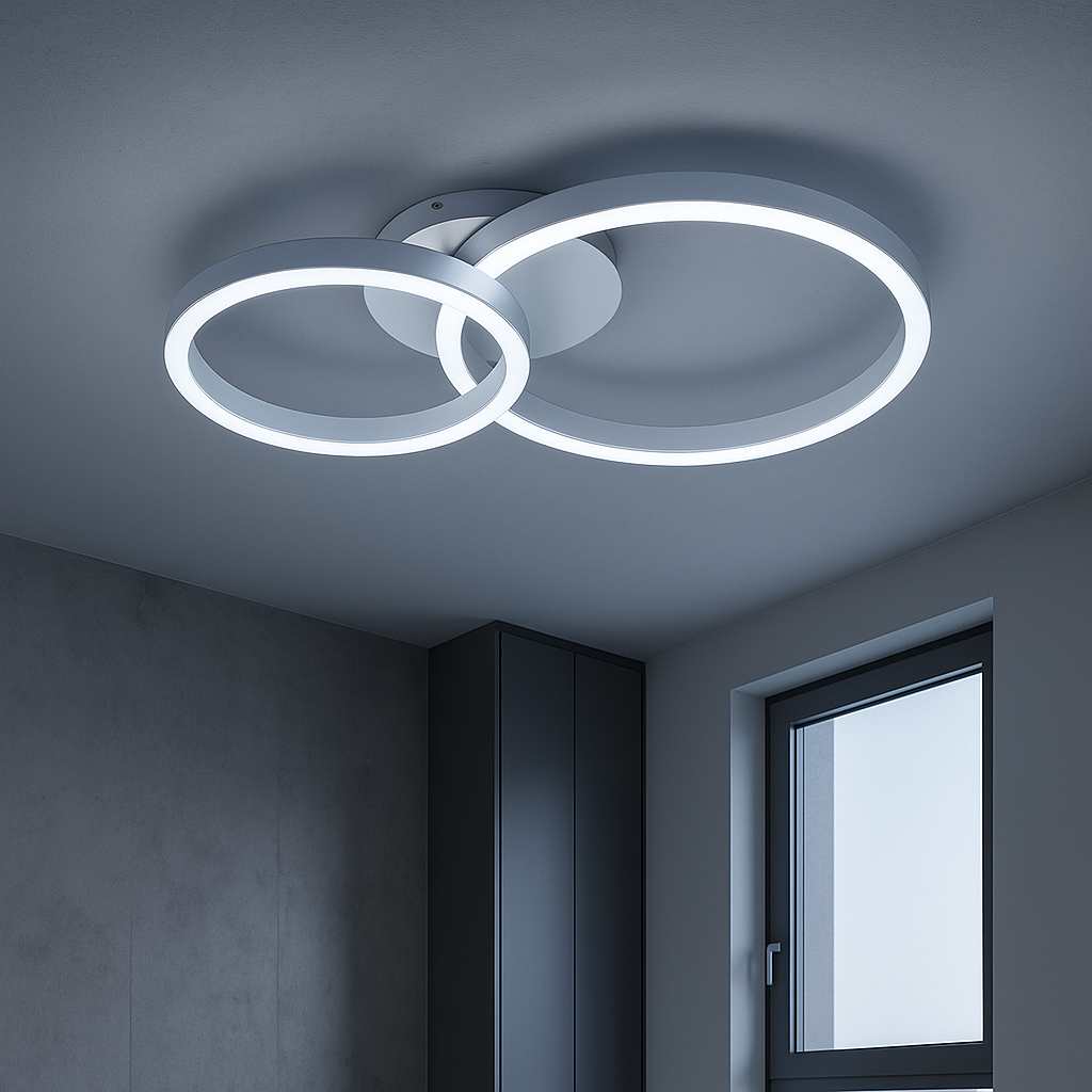 Plafoniera LED Moderna 42W 3360lm CCT Switch – Luce Calda 3000K, Naturale 4000K, Fredda 6500K – Design Doppio Cerchio Bianco in Alluminio e Acrilico per Interni 220V