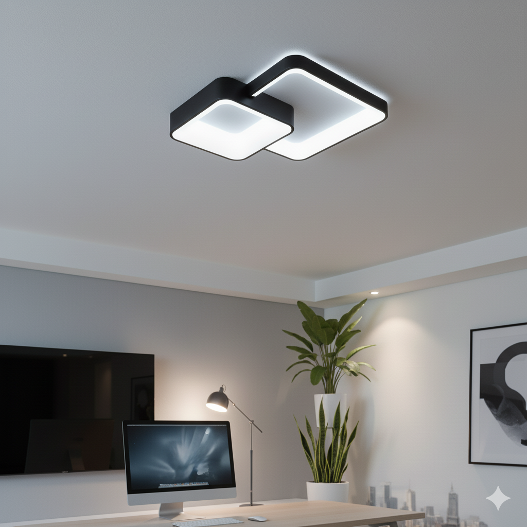 Plafoniera LED da Soffitto 58W 4640 Lumen – Design Moderno a Doppio Quadrato Nero – Luce Calda Naturale Fredda Selezionabile – Lampada LED Interni