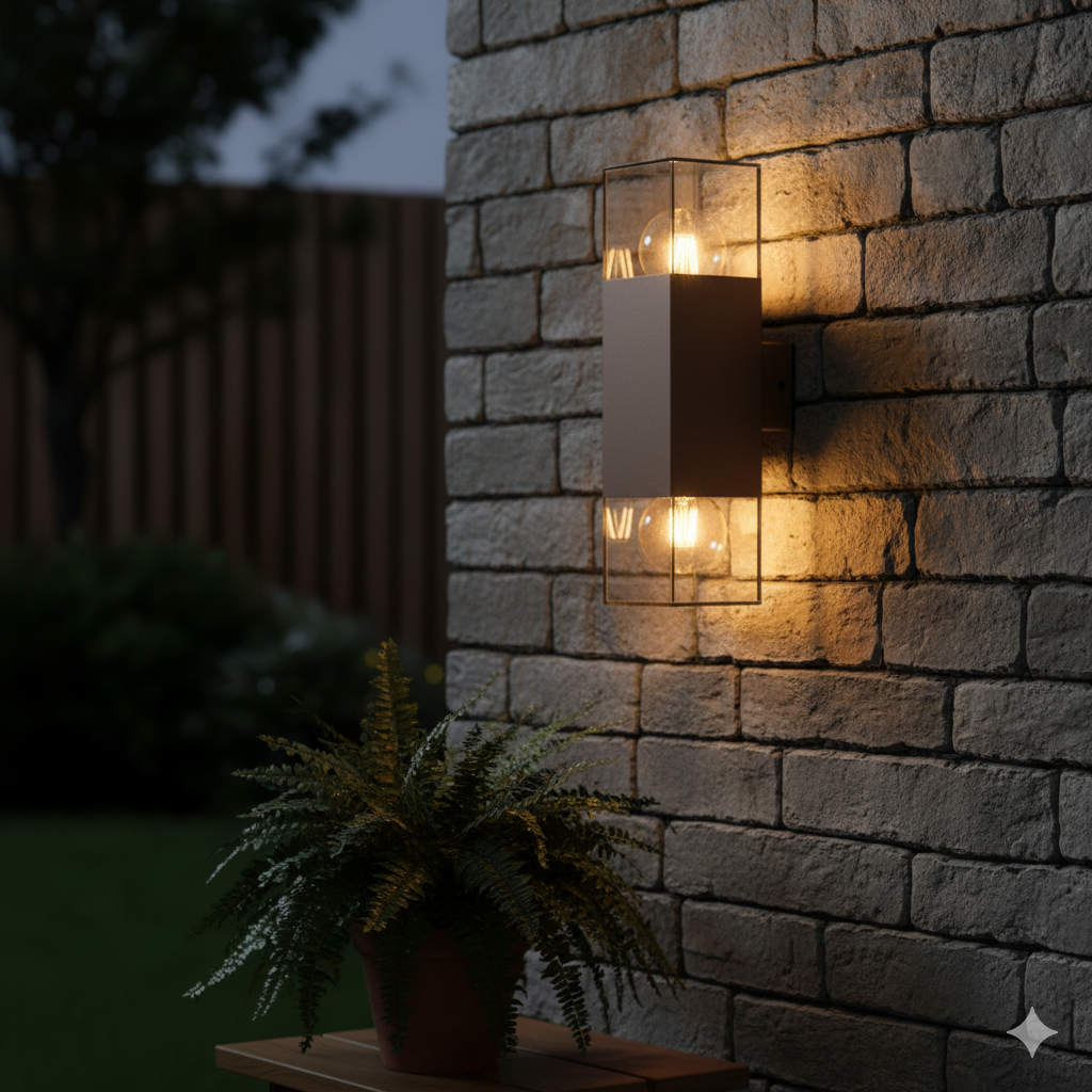 Applique da Esterno Up & Down IP44 – Lampada da Parete Biemissione Marrone con Attacco E27, Diffusore in Acrilico Trasparente, Lampadine non incluse
