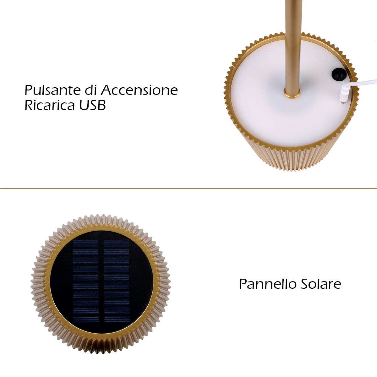 Lampada da tavolo LED dorata 5W ricaricabile con pannello solare e cavo USB, 40 cm, luce calda/fredda/naturale, sensore crepuscolare, batteria 2000mAh