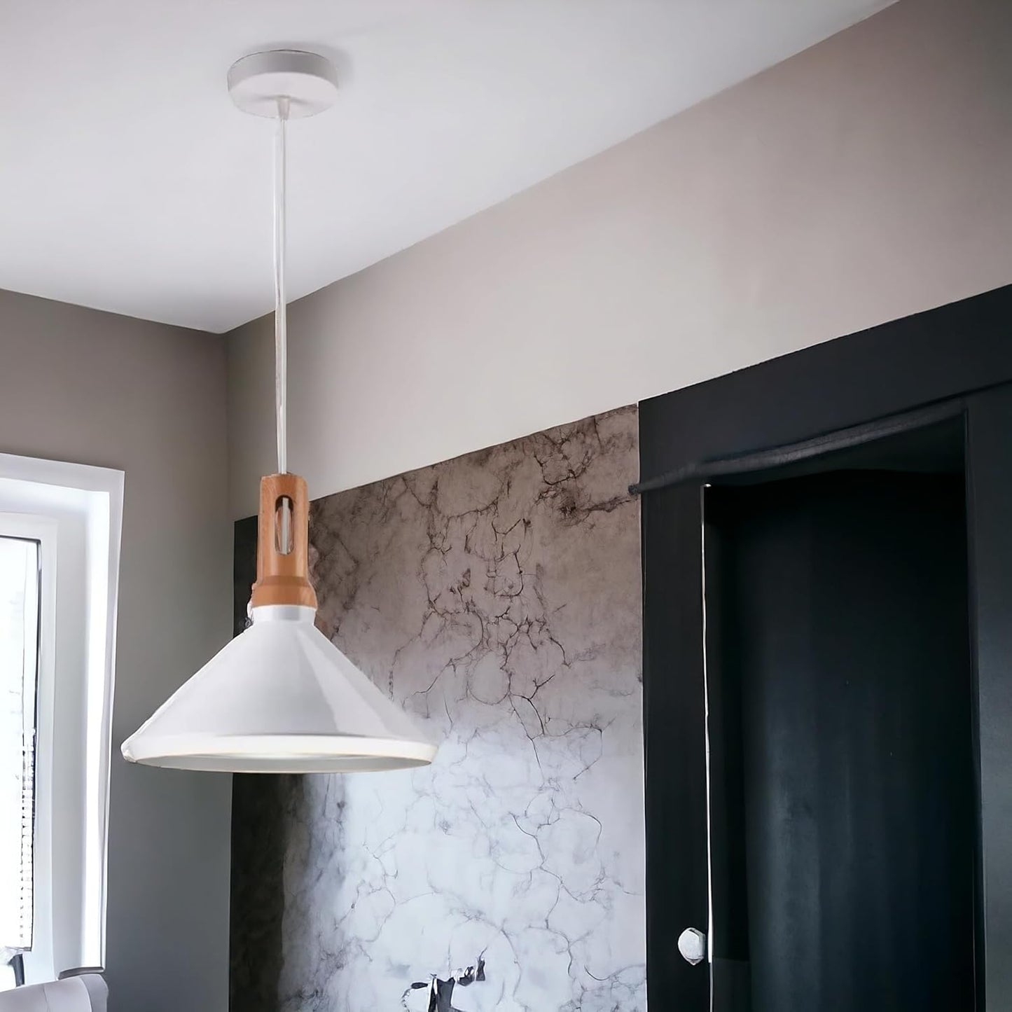 Lampadario a sospensione bianco in metallo con attacco E27, diametro 35 cm, altezza totale 130 cm, stile moderno, IP20