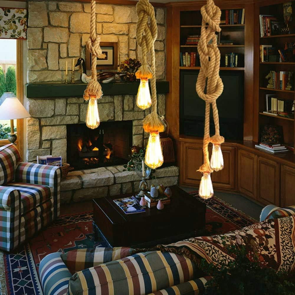 Lampadario a Sospensione Vintage con Corda di Canapa 150cm, Attacco E27, Rosone in Metallo Nero, per Cucina, Soggiorno, Taverna, Stile Industriale e Rustico, 220–240V
