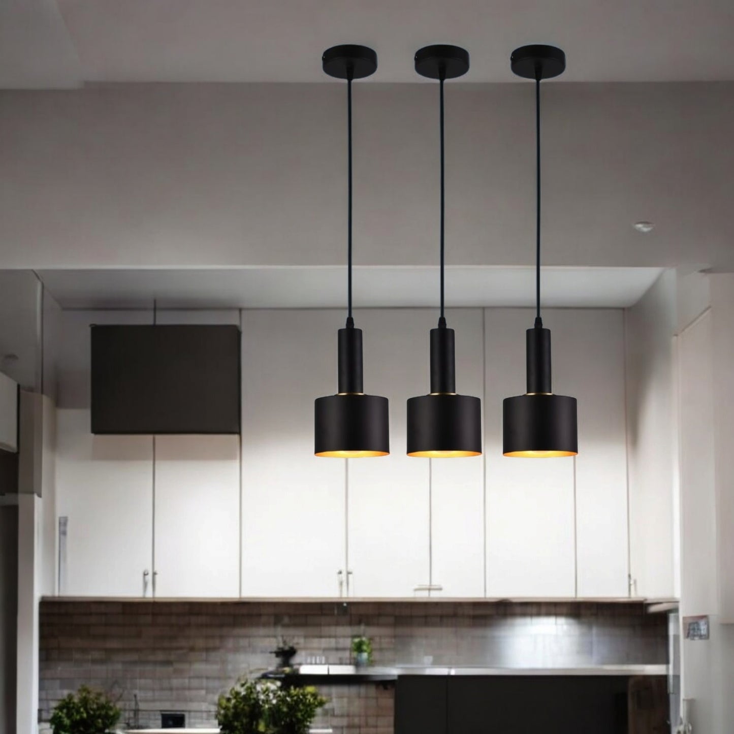 Lampadario Pendente, Design Minimal, Attacco E27, Altezza Regolabile, Ideale per Cucina, Sala da Pranzo, Bar e Camere da Letto, Nero e dorato, Bianco