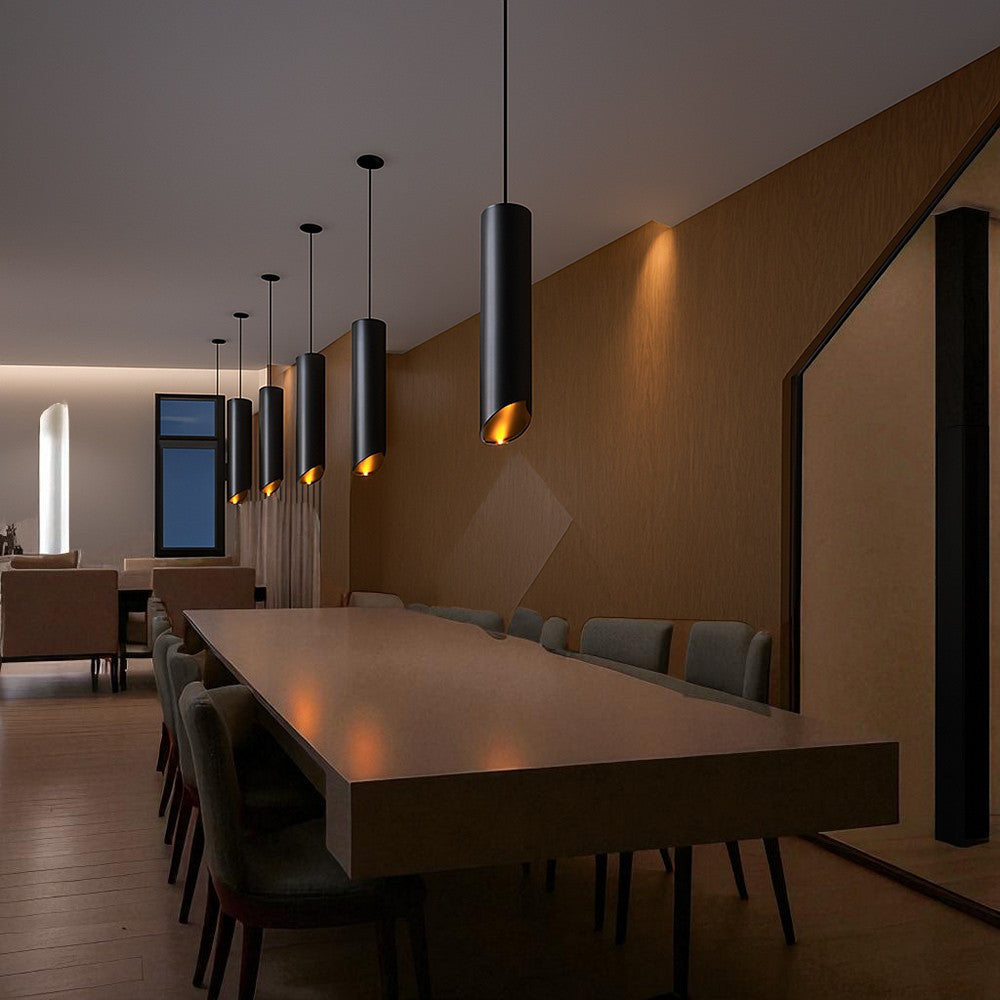 Lampadario a sospensione cilindrico in alluminio nero con interno oro, attacco GU10, cavo regolabile fino a 200 cm, Ø 5,5 cm, altezza corpo 30 cm – Design moderno minimalista