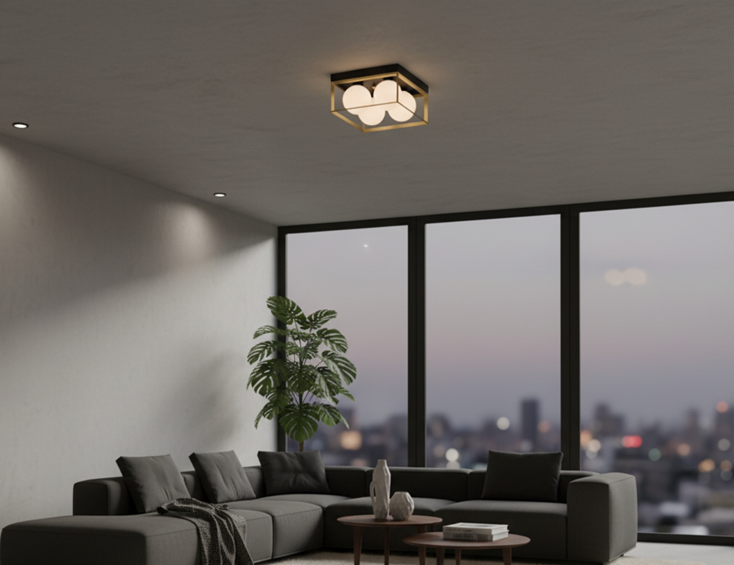 Lampada da Soffitto Plafoniera Moderna Minimalista con sfera in Vetro Opalino Attacco G9 Illuminazione Elegante per Soggiorno Camera da Letto cucina Quadrata con 4 sfere