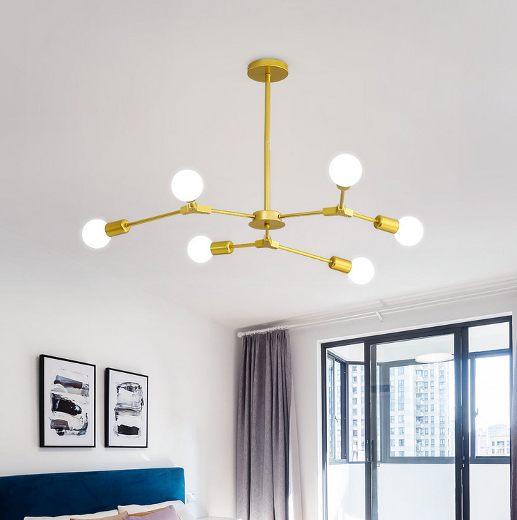 Lampadario a Sospensione Design Molecolare Moderno 6 Luci – Attacco E27 – Struttura in Metallo Oro Spazzolato – Stile Mid-Century