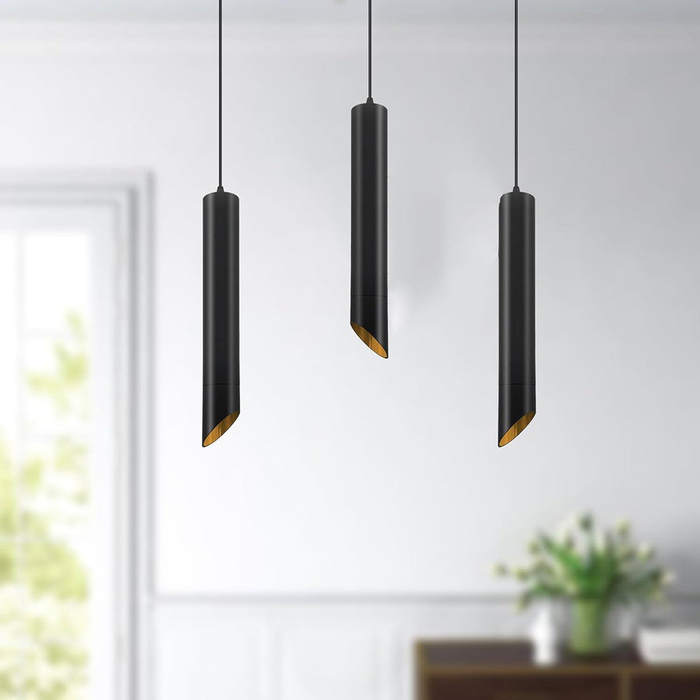 Lampadario a sospensione cilindrico in alluminio nero con interno oro, attacco GU10, cavo regolabile fino a 200 cm, Ø 5,5 cm, altezza corpo 30 cm – Design moderno minimalista
