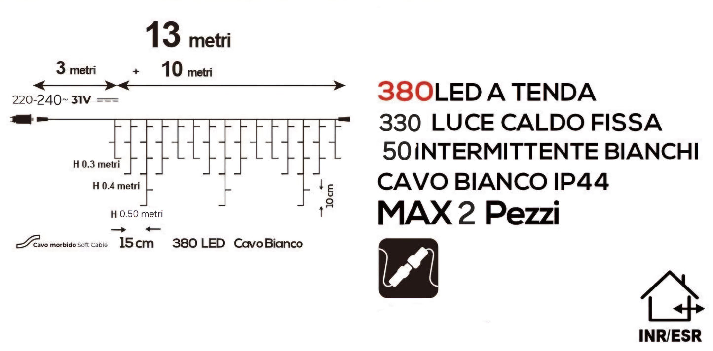 Tenda Luminosa Natalizia 6 metri Stalattiti a LED 256 Luci Bianco freddo o  Bianco Caldo + Flash Bianco Freddo per Interno ed Esterno IP44