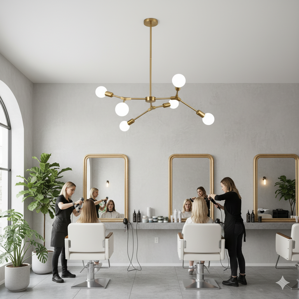Lampadario a Sospensione Design Molecolare Moderno 6 Luci – Attacco E27 – Struttura in Metallo Oro Spazzolato – Stile Mid-Century