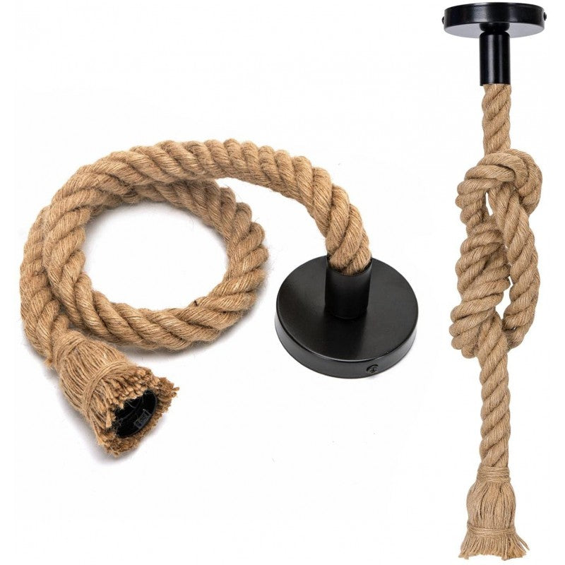 Lampadario a Sospensione Vintage con Corda di Canapa 150cm, Attacco E27, Rosone in Metallo Nero, per Cucina, Soggiorno, Taverna, Stile Industriale e Rustico, 220–240V