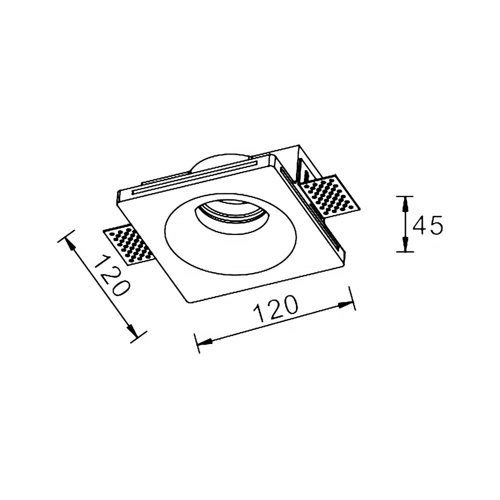 Portafaretto da incasso in gesso 120x120mm, foro 125x125mm, compatibile con faretti GU10, design a scomparsa