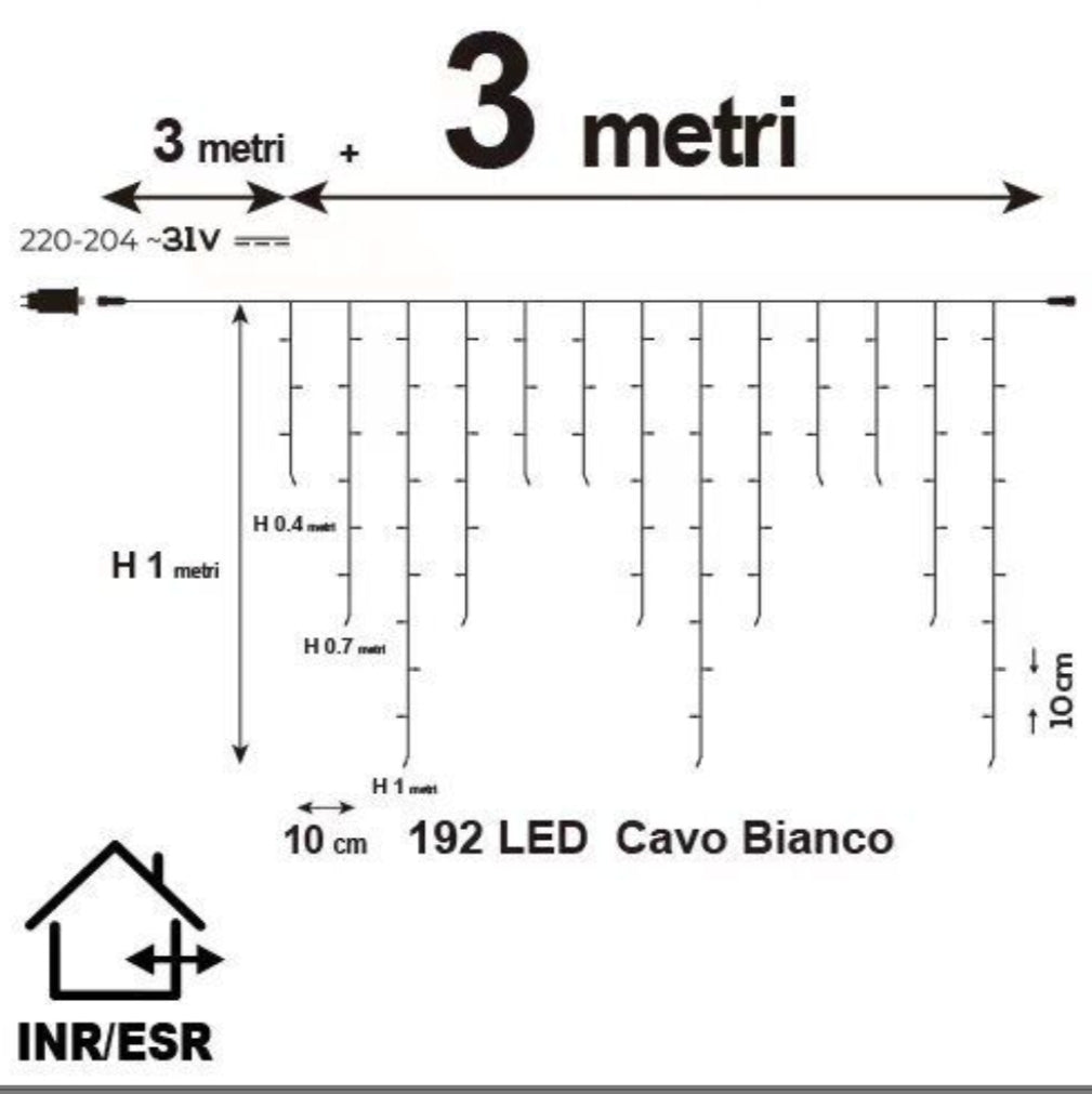 Tenda Luminosa Natalizia LED 192 Luci Intermittenti – 3 Metri con Stalattiti – IP44 Interno Esterno – Luce Fredda o Calda