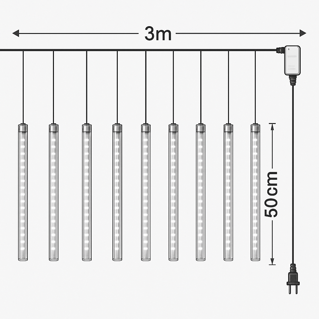 Tenda Luminosa a LED Effetto Meteora, Luci Meteoriti IP44, 10 Tubolari, Luce Fredda o Calda, 220V, Esterno e Interno, Collegabile, 3 m x 0,5 m