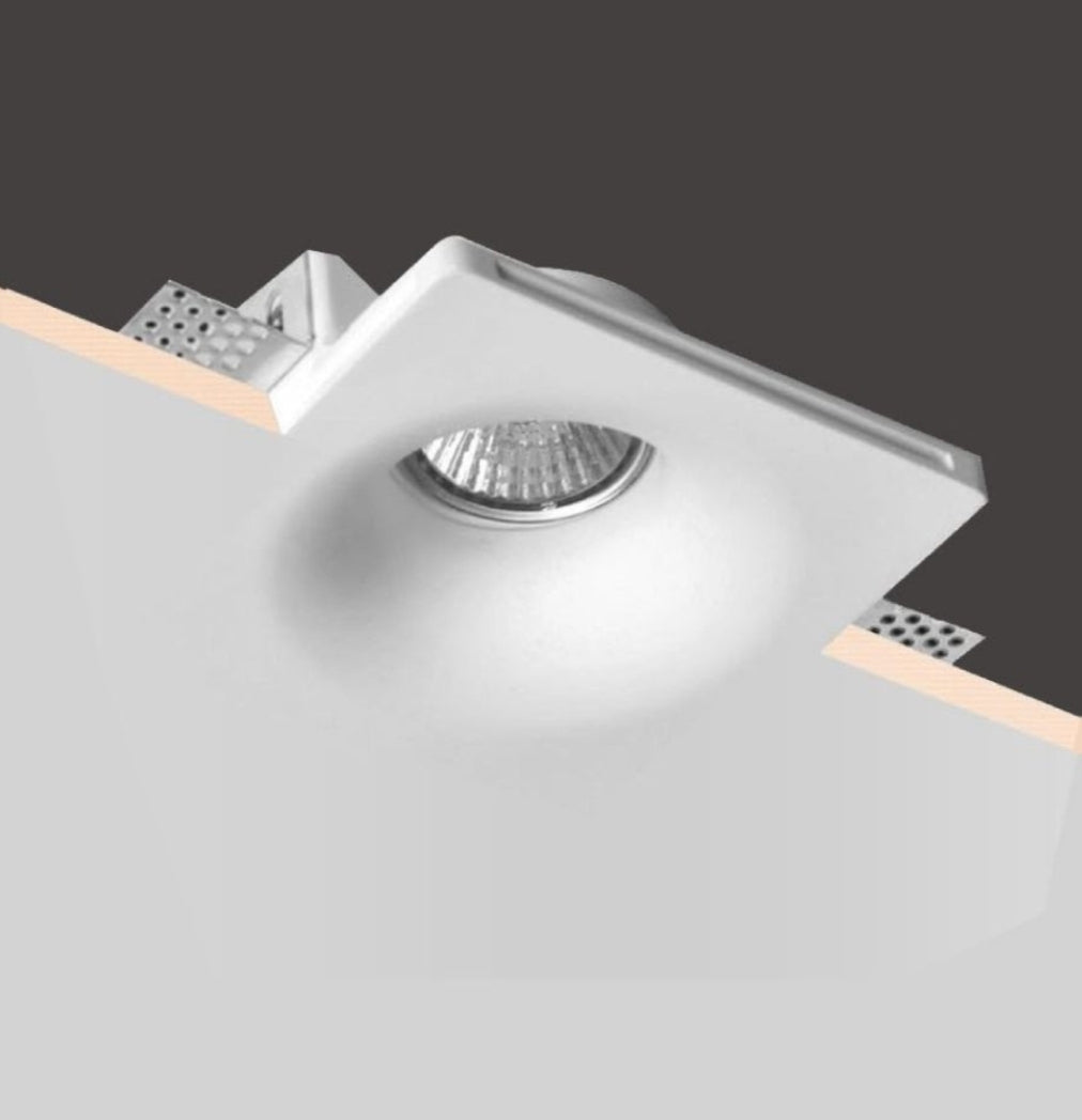 Portafaretto da incasso in gesso 120x120mm, foro 125x125mm, compatibile con faretti GU10, design a scomparsa
