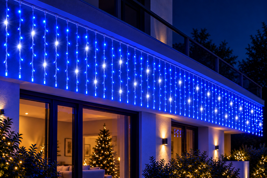 Tenda luminosa blu con flash bianchi installata su balcone (50971520)