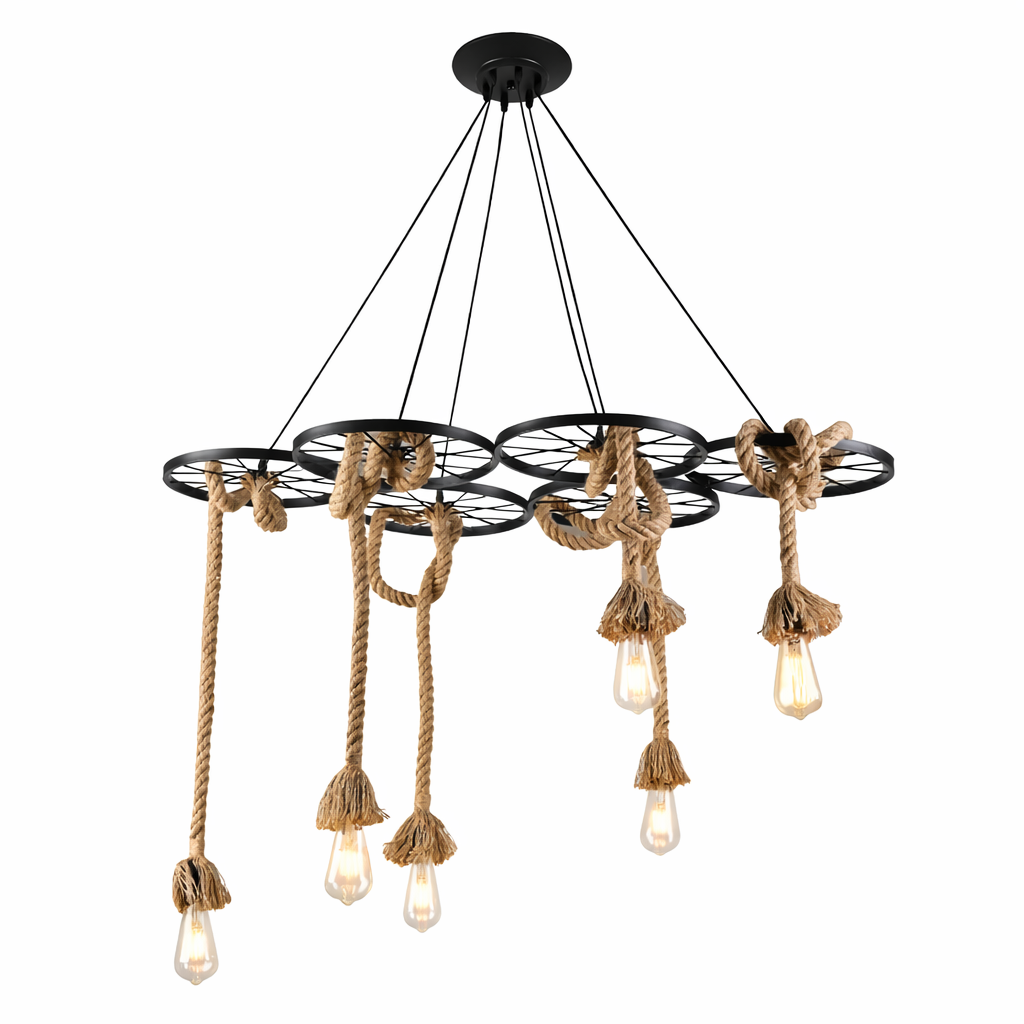Lampadario Rustico Industriale a Sospensione 6 Luci con Corde in Canapa Attacco E27 Struttura in Metallo Nero Stile Vintage per Soggiorno Sala da Pranzo Locale